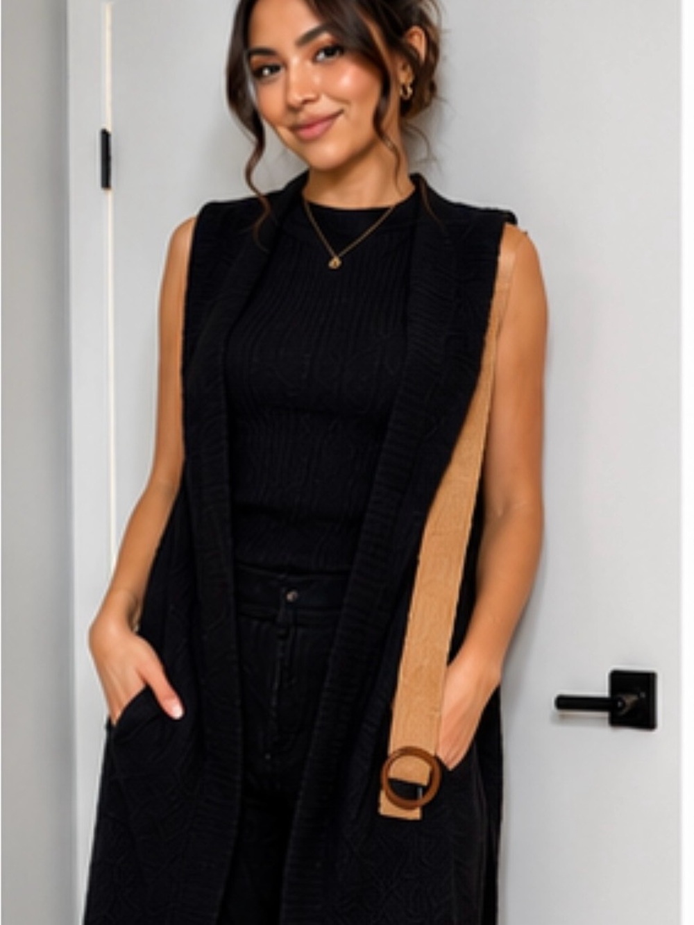 Black Knit Sleeveless Vest with Camel Belt Detail - Picture 5 of 5